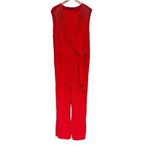 Marina Womens Red Jumpsuit Plus Size 3x Embellished V-Neck Stretch NWT Holiday